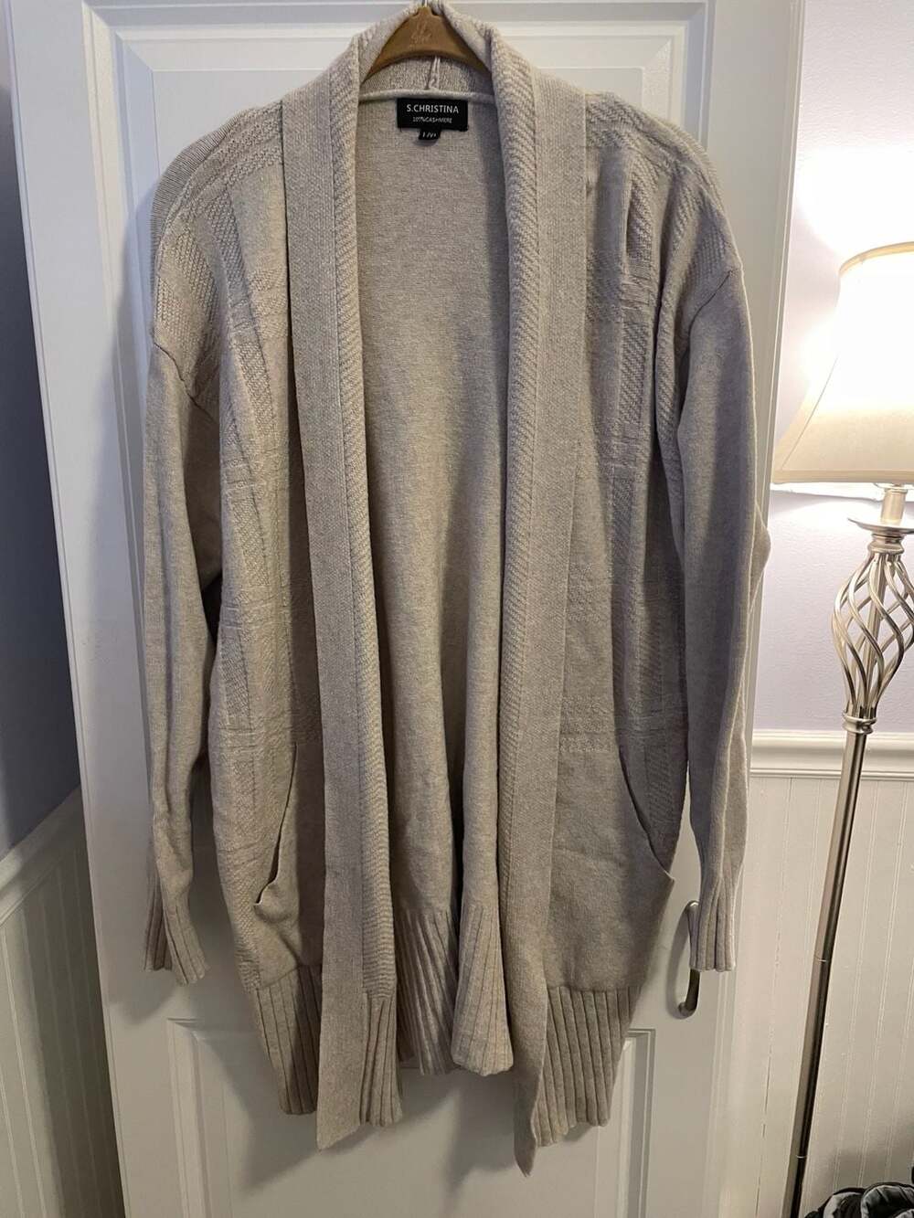 S. Christina 100% Cashmere Open Front Long Cardigan Sweater L/XL Beige